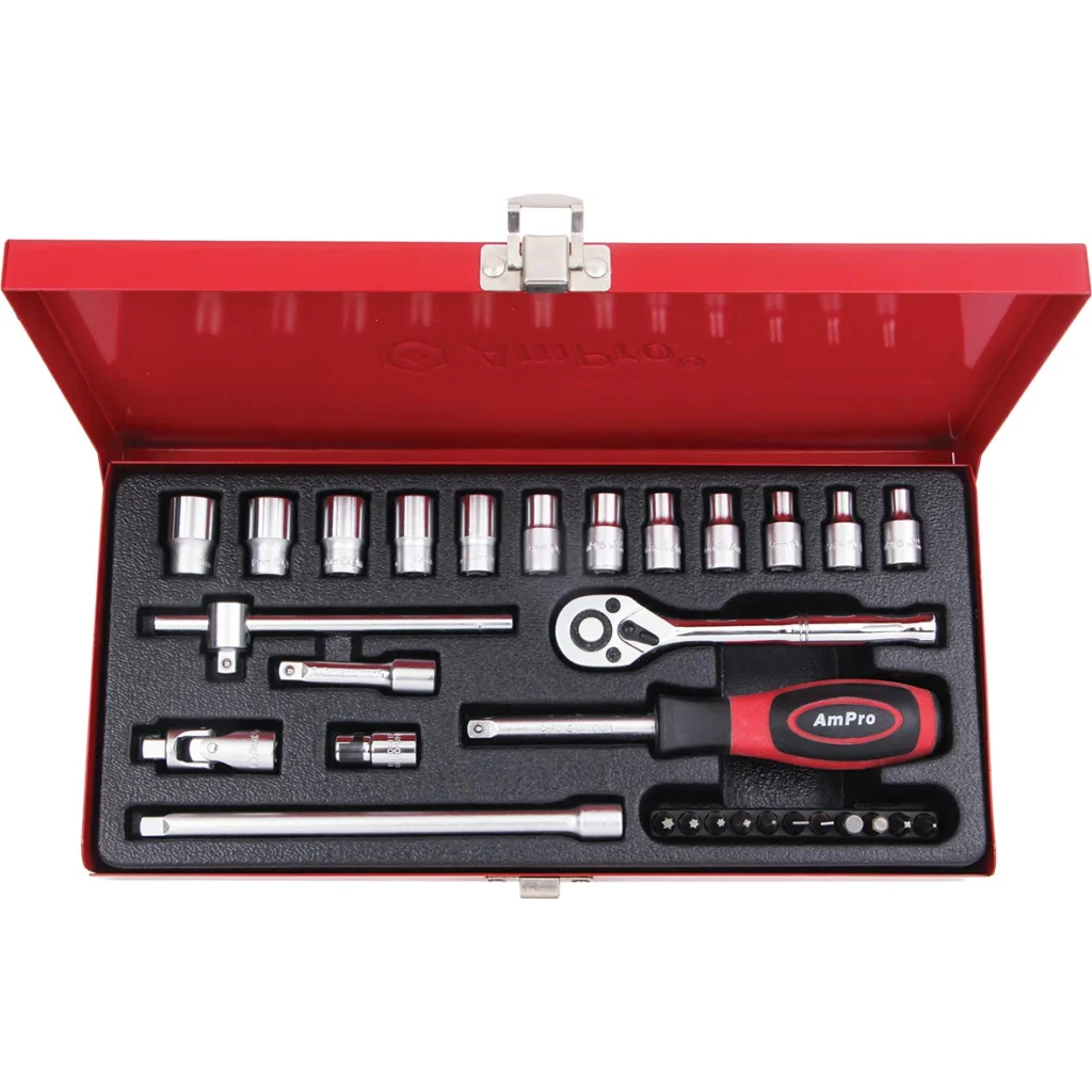 JUEGO DE COPAS METRICAS 1/4" CON RATCHET 30PCS | CAJA METALICA